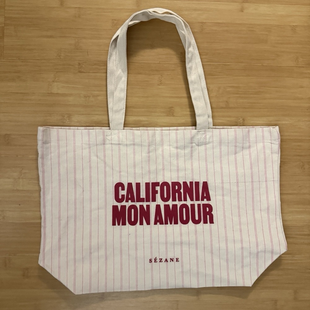 New Sezane California Mon Amour‎ Paris Tote Bag Beige w/ Red Stripe Shopper Tote